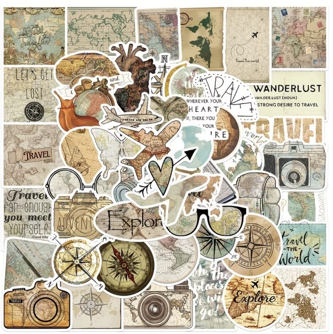 Stikera dekorative me temë udhëtimi dhe dizajn vintage